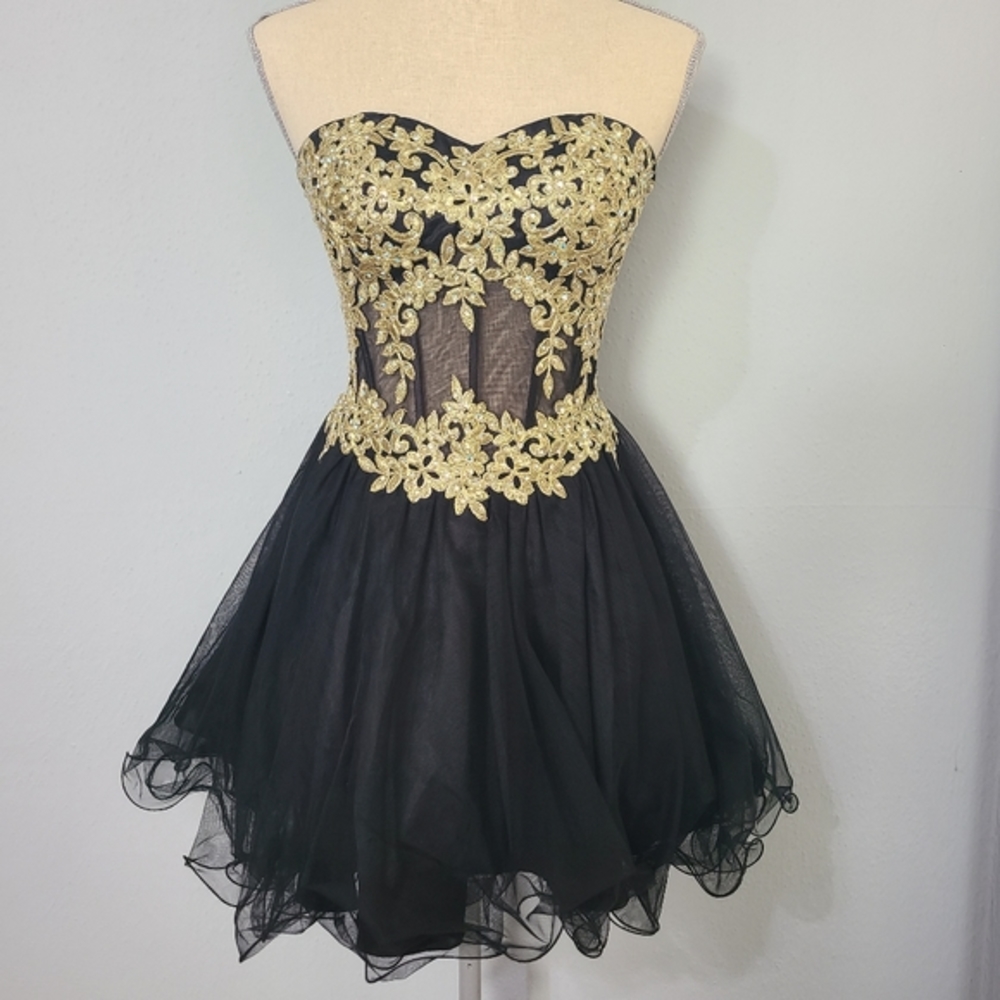 Blondie Nites Strapless Tulle Black and Gold Mini Dress Junior Size 5
